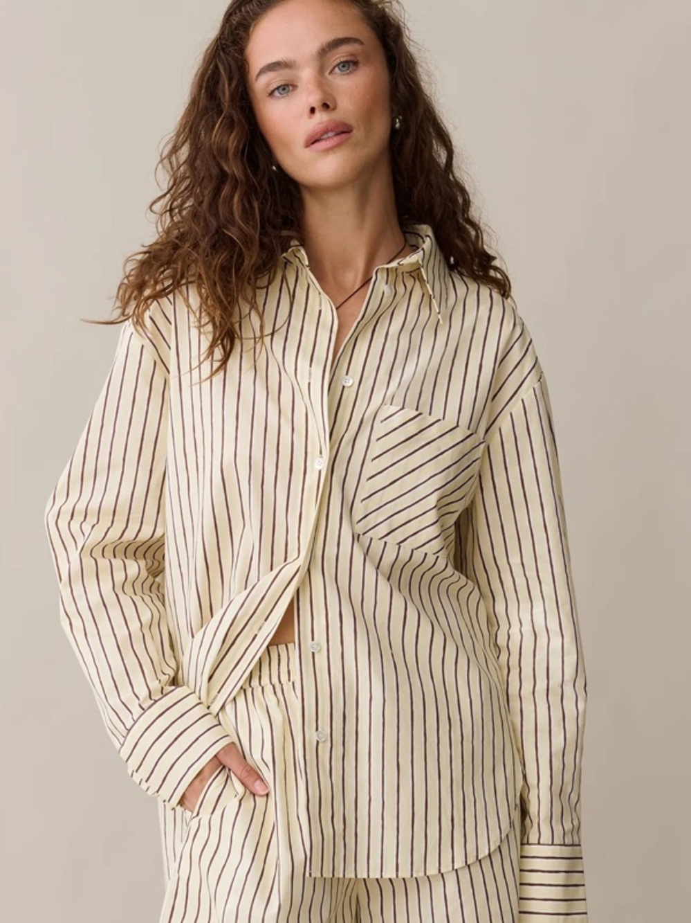 Caara Butter Yellow Stripe Oversized Button Down Shirt NEW Medium